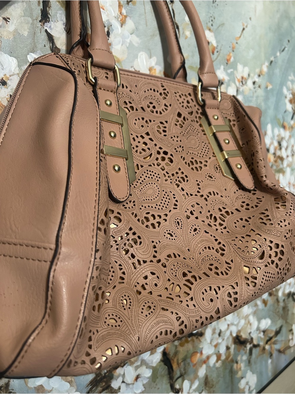 Laser-Cut Taupe Satchel Handbag with Gold Hardware